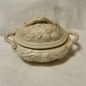 Vintage Cream Ceramic Lidded Soup Tureen with Fruit Relief Design